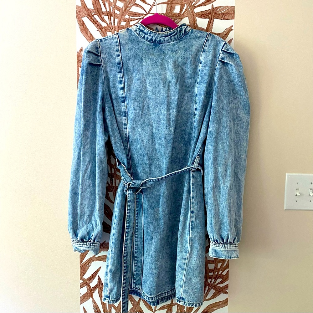 Nastygal NWT Denim mini dress with puff shoulders and tie waist | Size XL